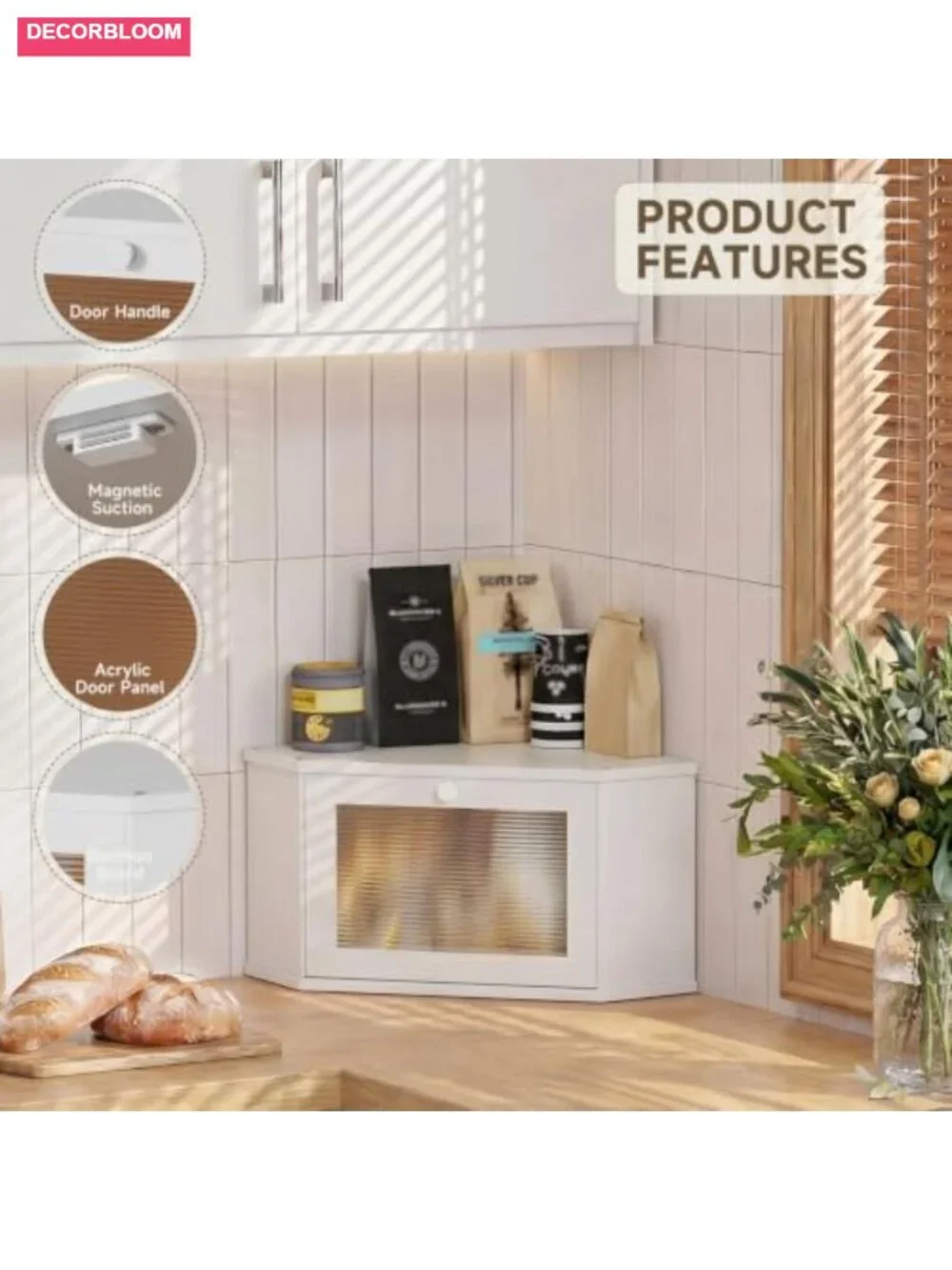 Corner Bamboo Bread Box with Translucent Acrylic Door for Kitchen Countertop